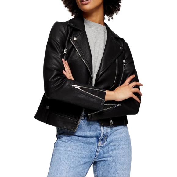 TOPSHOP Fred Faux Leather Biker Jacket Size: 4P Color: Black - Picture 2 of 16